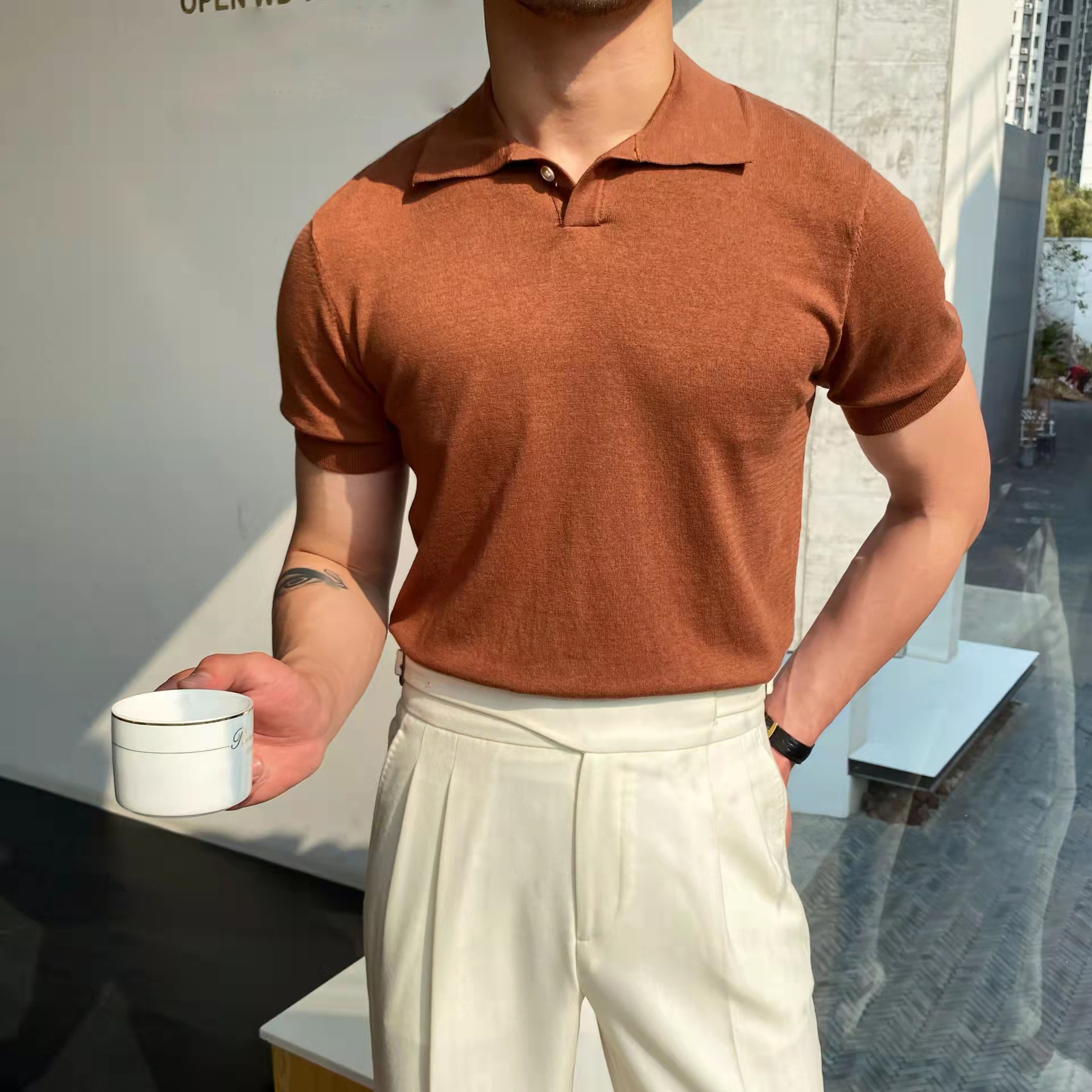 Nouveaux hommes d'été polos à manches courtes tricots col rabattu décontracté mince tricoté solide t-shirts hauts mode vêtements masculins