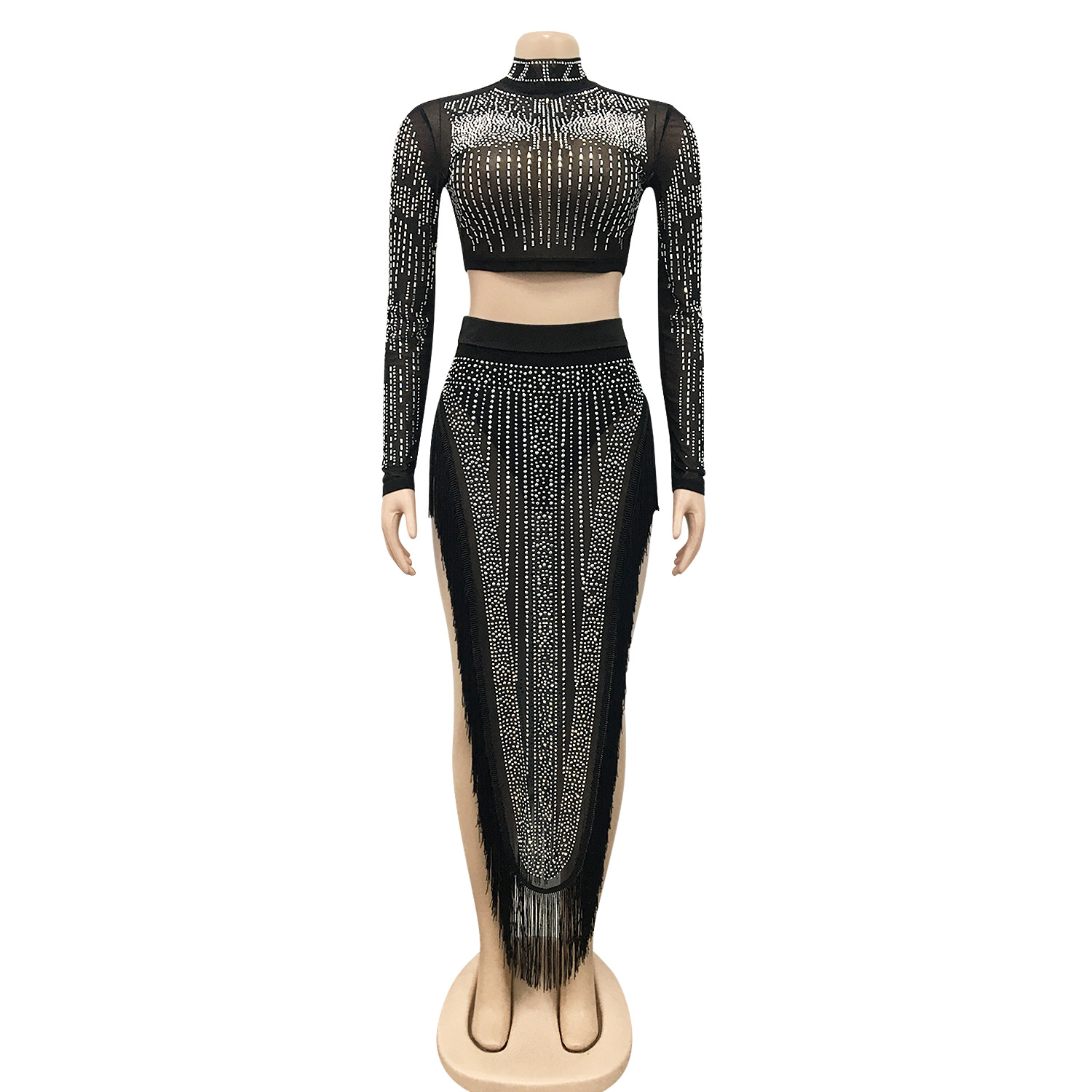 Ensemble jupe femmes deux pièces ensembles de robe col montant ensemble assorti diamant hauts courts fête taille haute jupes longues Sexy gland chaud