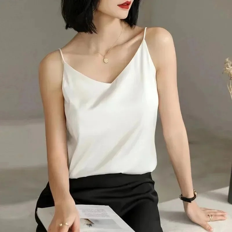 T-shirts pour femmes, élégante blouse en faux satin de soie, débardeurs et camisoles amples décontractés d'été pour femmes, hauts verts unis pour femmes