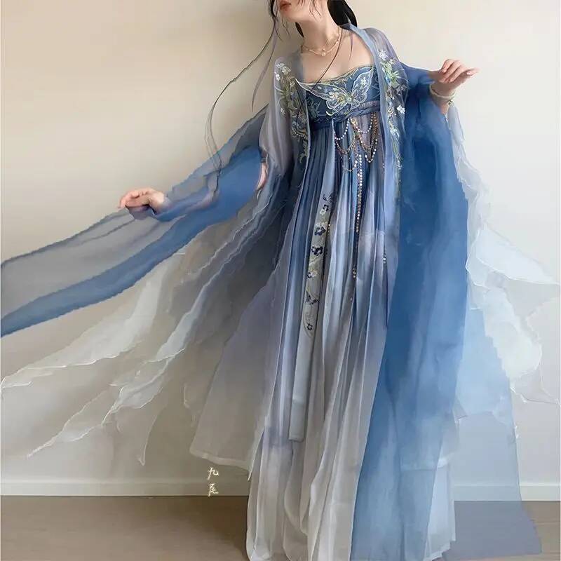 Robe Hanfu brodée bleue pour femmes, style traditionnel chinois, col rond, robe de performance pour filles, nouvelle collection printemps et été pour adultes