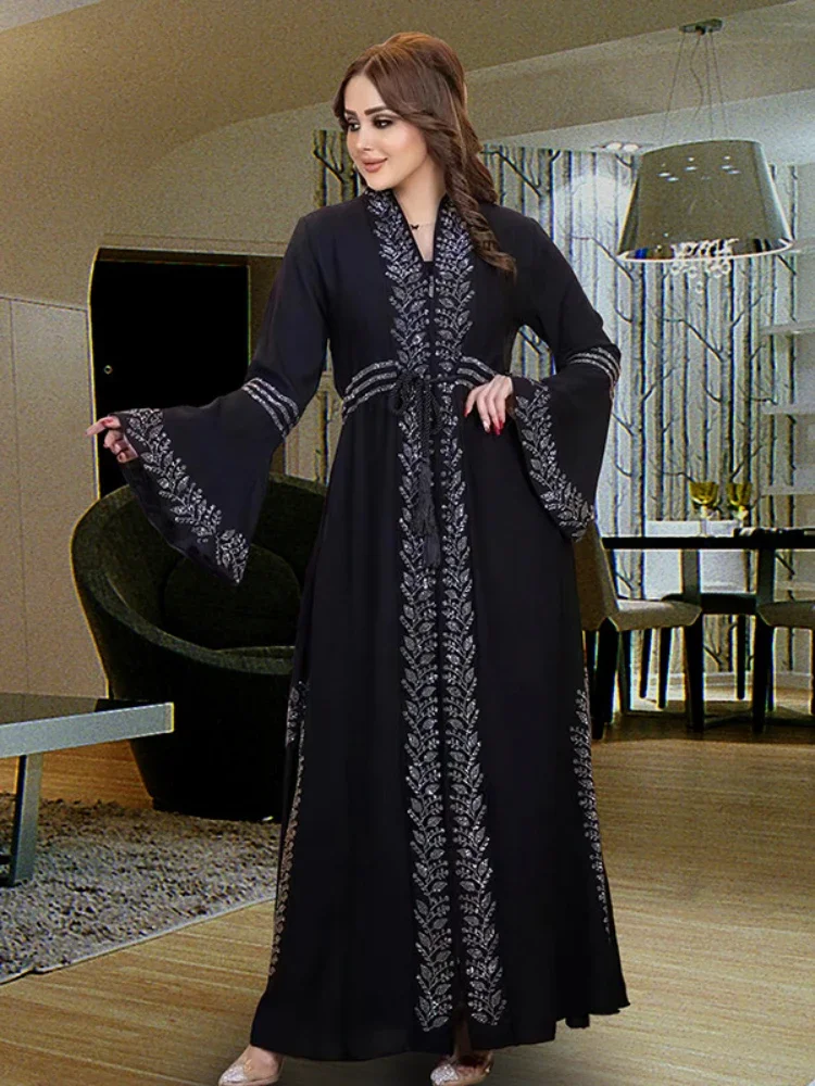 Robe musulmane Eid pour femme, caftan de Dubaï, manches évasées, Abaya Jalabiya, Turquie, fête du Ramadan, Islam, ceinture