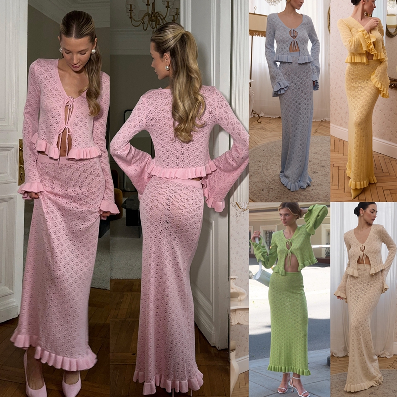 Combhasaki – ensemble 2 pièces en tricot ajouré à fleurs pour femmes, tenue à ourlet à volants, manches longues, haut noué sur le devant + jupe droite longue moulante