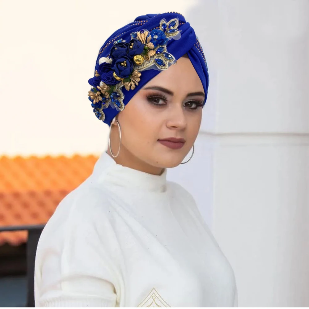 Turban Africain à Fleurs et Diamants pour Femme, Chapeau Sarf Torsadé pour ixde Mariage, Style Nigérian