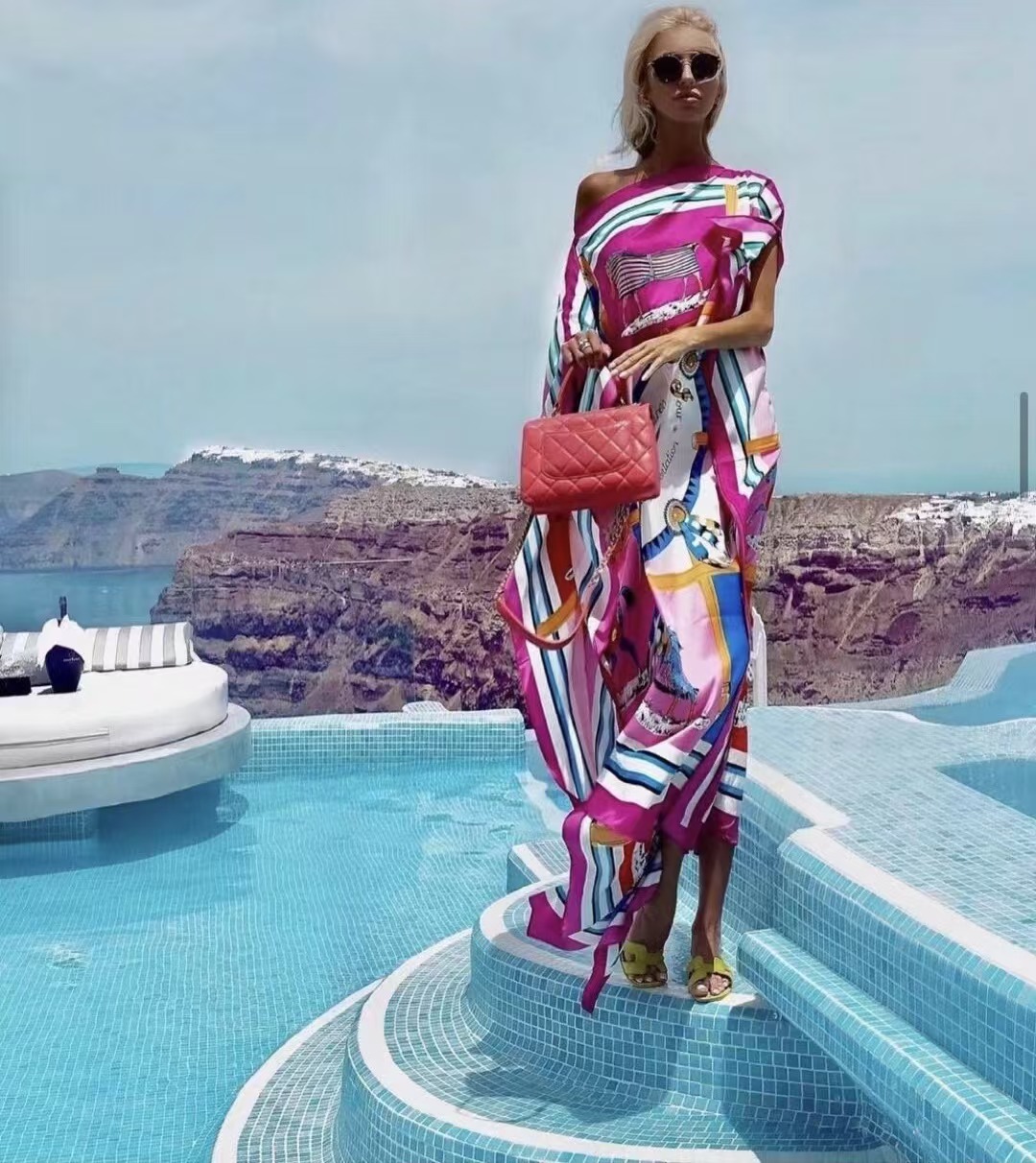 Kuwait exclusif 130 cm * 130 cm femmes Sexy Boho été décontracté en mousseline de soie florale soirée plage longue robe Maxi