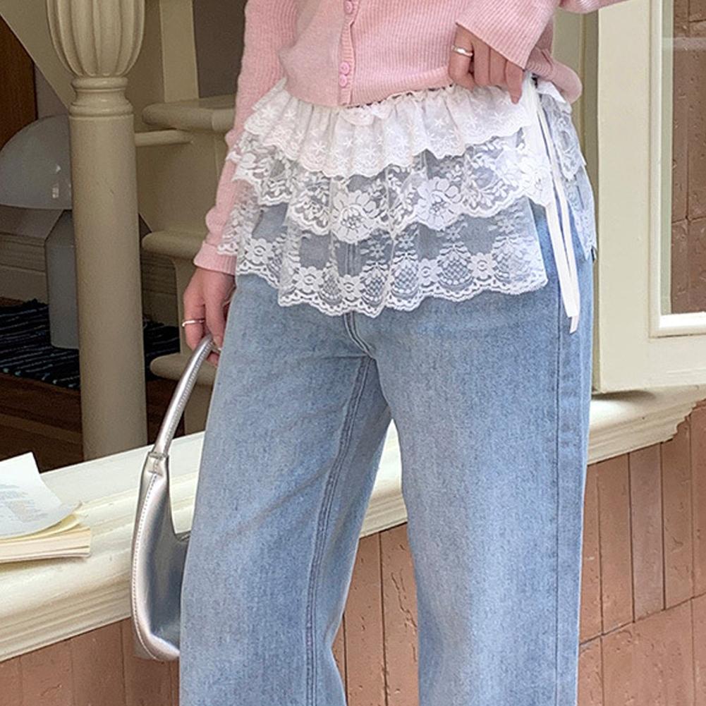 Jupe irrégulière en dentelle style coréen, motif floral blanc, en maille, pour femme, bas de tenue d'été, ourlet décoratif pour jeans