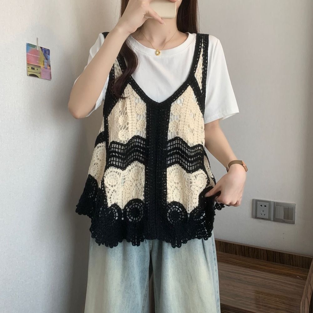 Robe-veste polyvalente ajourée en tricot imprimé et crochet sans manches, style ethnique ample bohème, idéale pour les vacances d'été à la plage