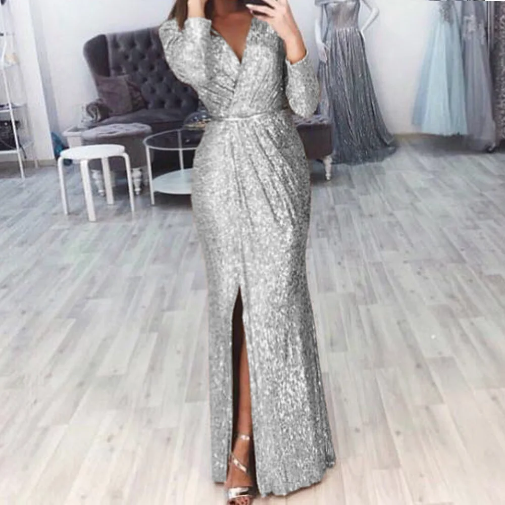 Robe de soirée froncée à paillettes pour femmes, fente haute, à paillettes, décolleté en V profond, manches longues, Sexy, nouvelle collection été 2023