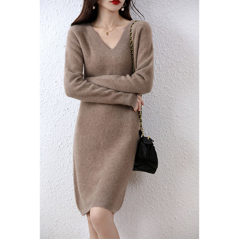 Femmes élégantes robes pull en cachemire 100% laine mérinos Sexy col en v décontracté jupe tricotée automne hiver dames robe noire vêtements