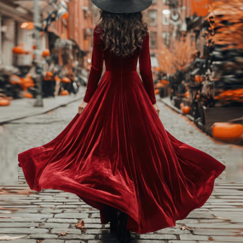 Robe longue élégante en velours coupe A-line pour femmes, col rond, manches longues, taille haute, longueur au sol, fluide, robe de soirée unie pour l'automne.