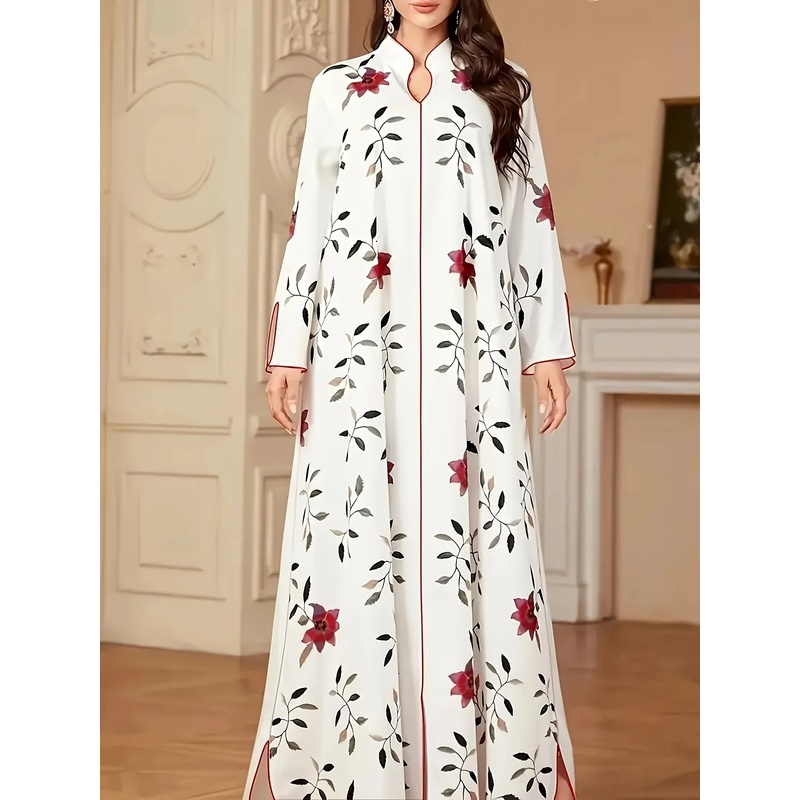 Robe élégante à col en V et manches longues pour femme, imprimé musulman, coupe ample trapèze avec ourlet fendu, idéale pour le Ramadan et les occasions de l'Aïd