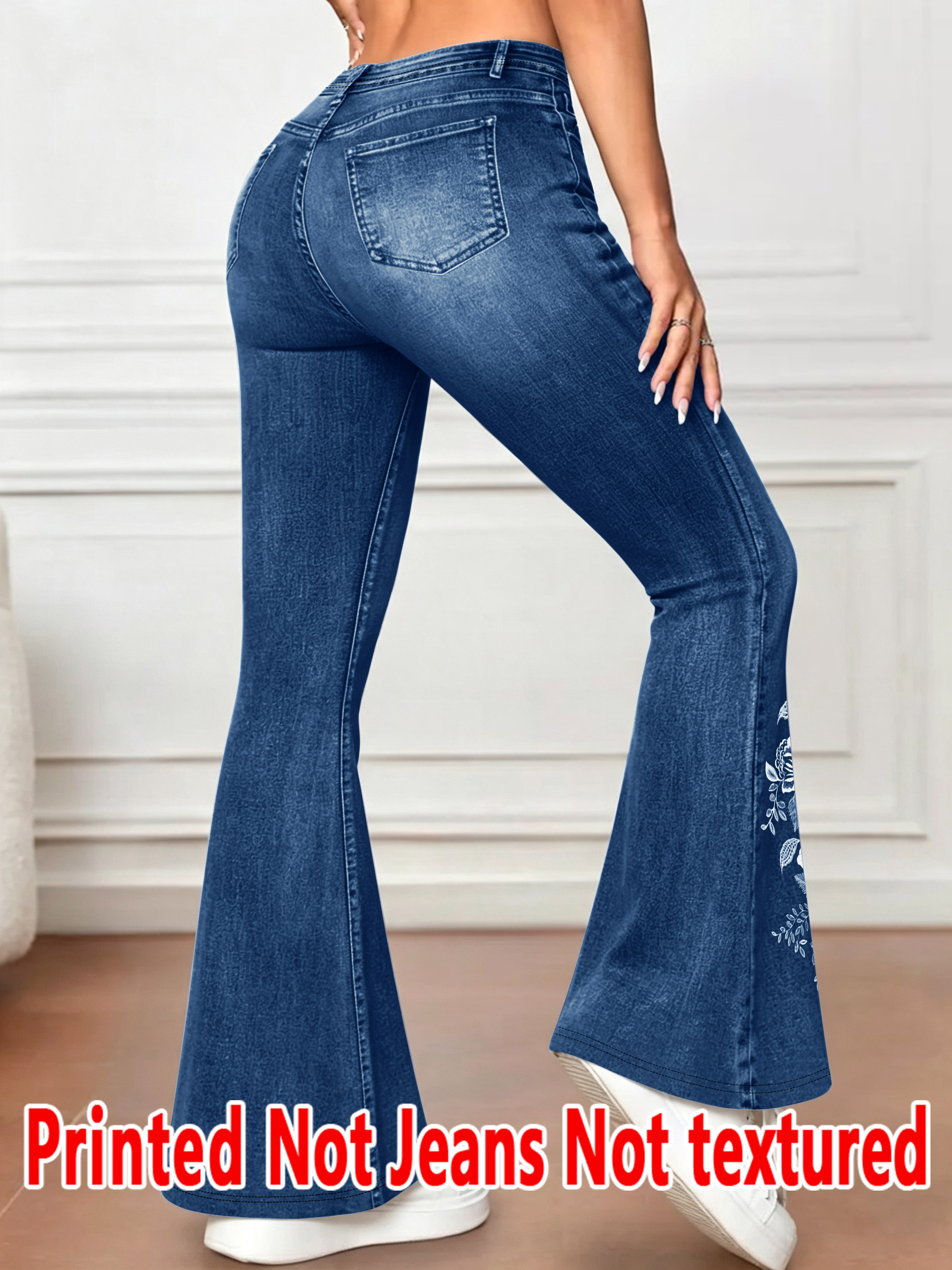 1583 [Pantalon imprimé - Non en tissu imitation jean] Effet imprimé 2D, Pantalon évasé imprimé - Non en tissu imitation jean