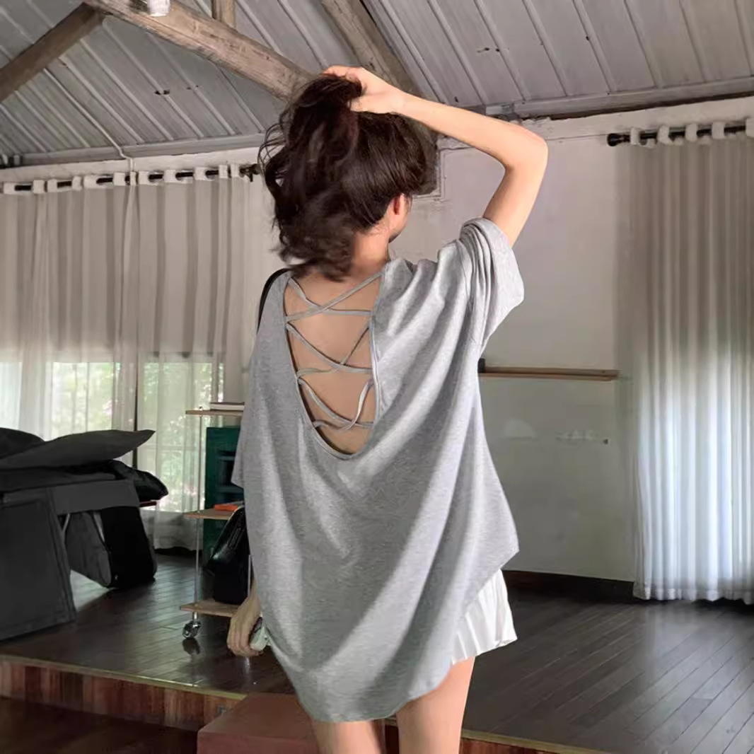 Vêtements pour femmes de grande taille, printemps et été, nouveau t-shirt décontracté à couleur unie, ample, sexy, col rond, manches courtes