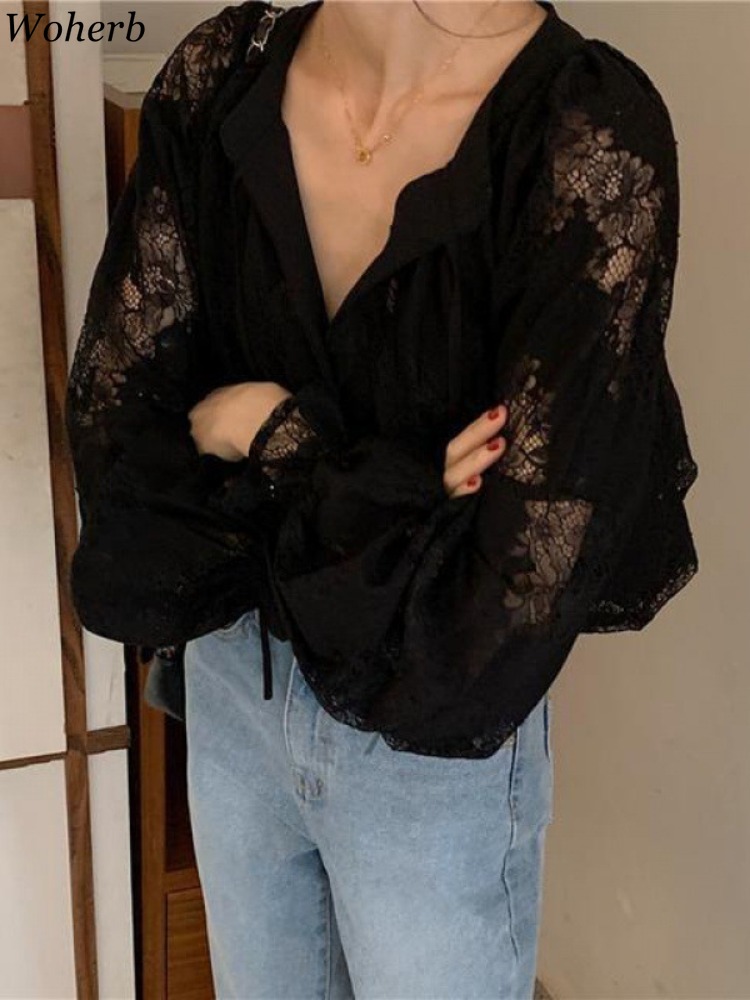 Blouses pour femmes 2026, manches longues, en dentelle, col en V, chemises amples d'automne, broderie lourde, transparentes, style vintage