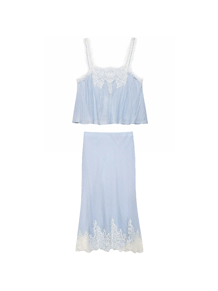 Ensemble jupe chic et sexy pour femme, avec haut en dentelle et jupe longue droite, idéal pour les vacances, la mode printemps-été et la plage
