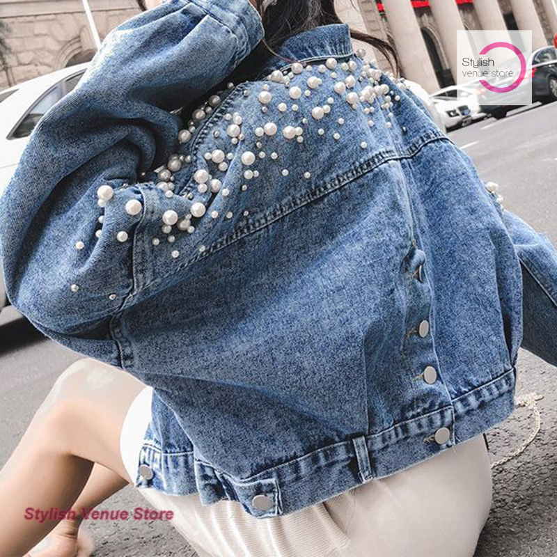 Veste en jean ample à perles style coréen pour femme, nouvelle collection printemps-automne, couleur unie, manteau décontracté élégant.
