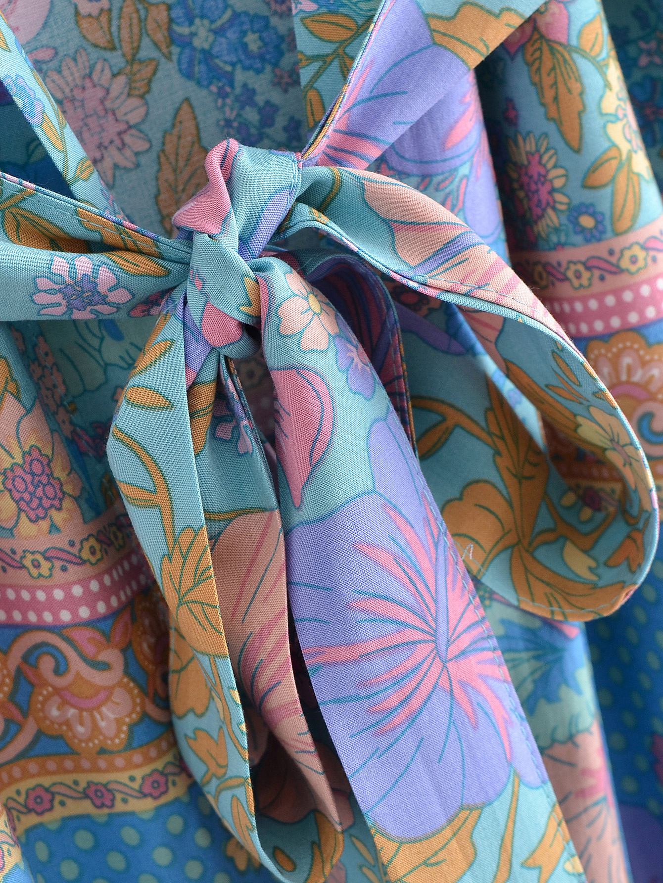Kimono Bohème pour Femme, Imprimé Fleurs Bleues et Roses, avec Nœuds, Cardigan Mi-Long, Blouse d'Été, Cape de Plage