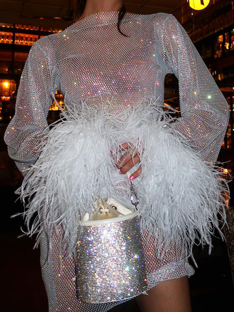 Robe transparente à manches longues pour femmes, vêtements de club sexy avec glands, résille, robe éducative brillante