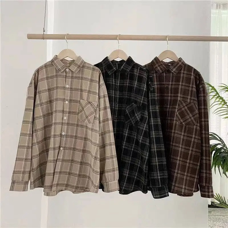 Vintage chemises à carreaux femmes automne à manches longues surdimensionné boutonné chemise mode coréenne décontracté automne vêtements d'extérieur hauts Blusas Mujer