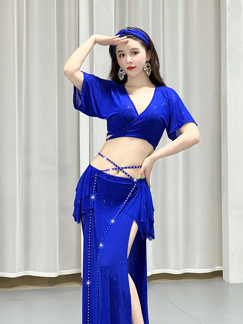 Costumes de spectacle de danse du ventre pour femmes, haut + jupe, vêtements de danse sur scène, vêtements d'entraînement