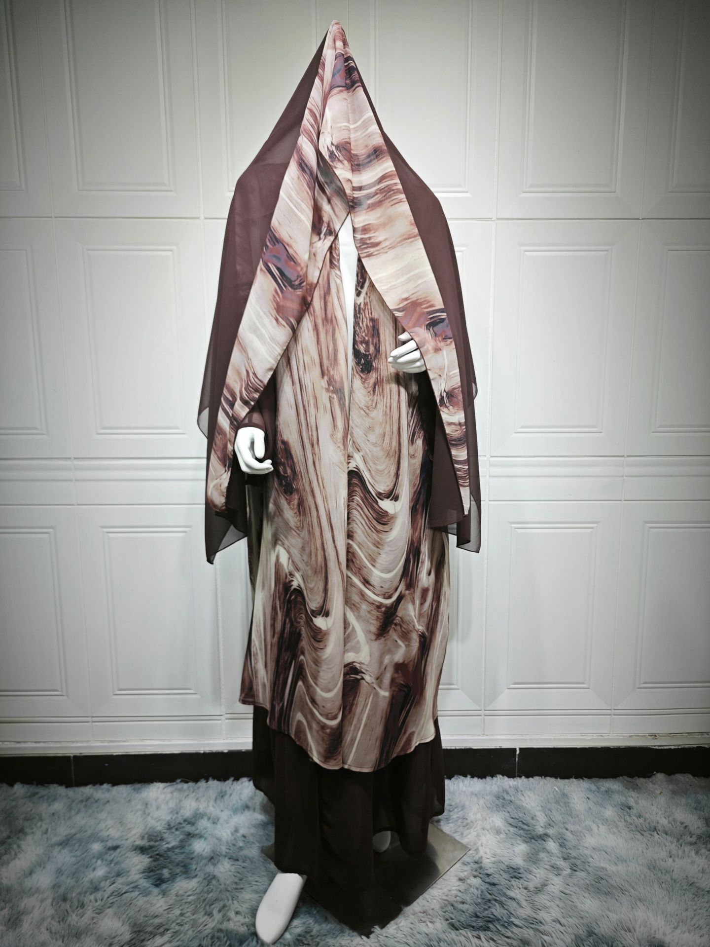 Ensemble Abaya en Chiffon Imprimé 2 pièces |   Kaftan long décontracté pour femmes musulmanes, à col ouvert, avec hijab assorti