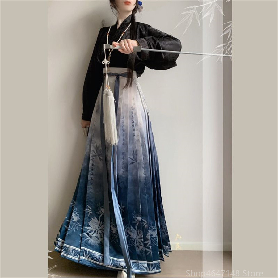 Jupe Hanfu de Style chinois, Costume de la dynastie Mamianqun Ming, tissage doré ou imprimé, jupe visage de cheval, robe chinoise originale