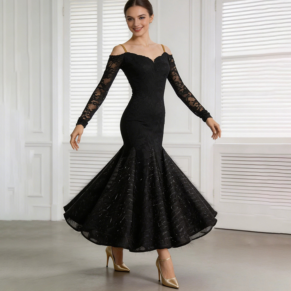 Robe de danse de salon élégante pour femmes, en dentelle blanche, épaules dénudées, manches longues, costumes de danse moderne, vêtements de performance pour valse et tango