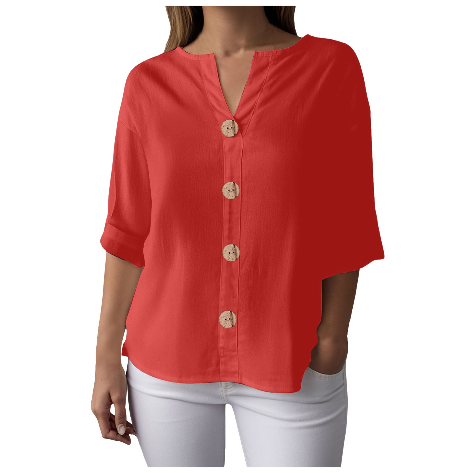 Chemisier en mousseline pour femme, chemisier d'été en coton et lin, chemise longue élégante unie, t-shirt pour adolescentes, chemisiers et blouses à manches 3/4 pour femme