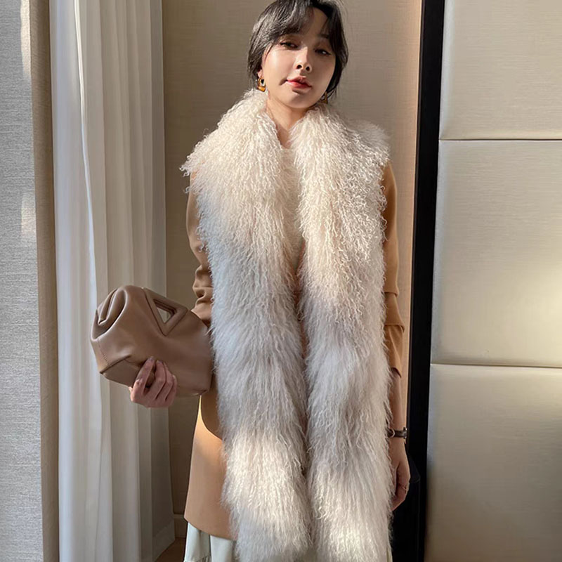 Écharpe en vraie fourrure de mongolie pour femme, épaisse, longue et chaude, en fourrure du Tibet, moelleuse, de luxe, à la mode, hiver 2023