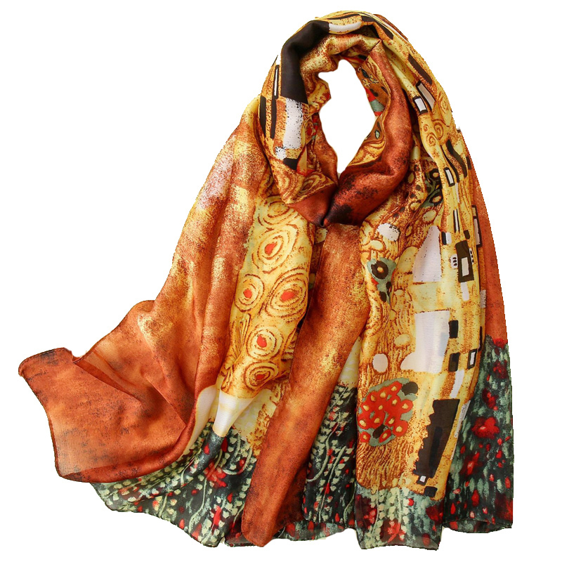 Gustav Klimt peinture à l'huile Foulard en soie pour femmes marque de luxe châle en soie concepteur Der Kuss Foulard Femme été plage couvrir nouveau
