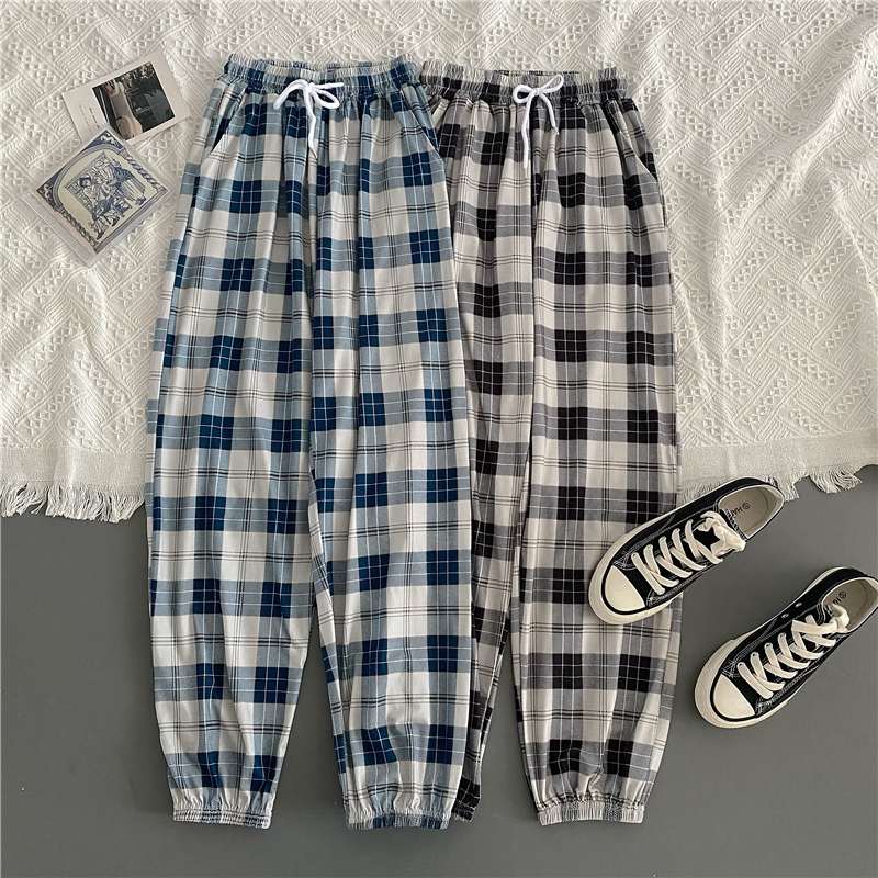 Pantalons femmes nouveau bouquet de pieds mode ample noir Plaid été Harajuku étudiants Streetwear sarouel pantalons longs femmes Chic