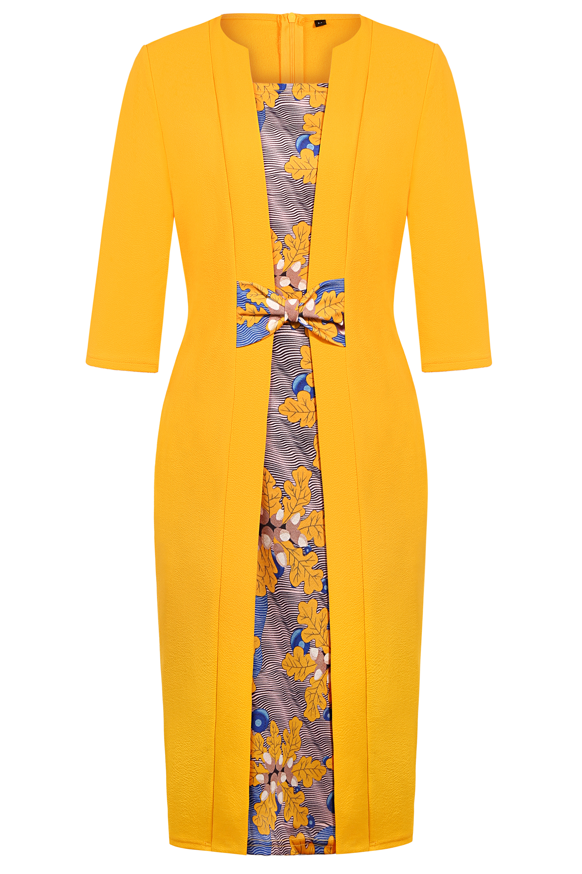Robe fourreau élégante pour femme, à motif floral patchwork, avec nœud papillon, manches 2/3, longueur genou, pour le bureau, les affaires, les occasions décontractées et les soirées