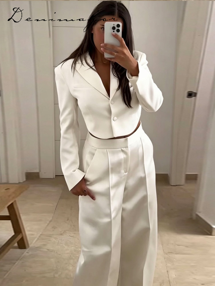 Ensemble pantalon et blazer en satin uni pour femme, veste courte à revers et dos nu, pantalon large taille mi-haute coupe ballon, nouvelle collection 2026, tenue décontractée pour femme