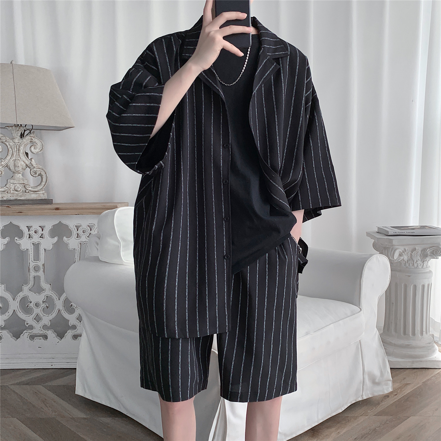 Veste et short de survêtement de Style coréen pour hommes, ensemble 2 pièces, costume de sport à rayures d'été, vêtements surdimensionnés légers 5XL