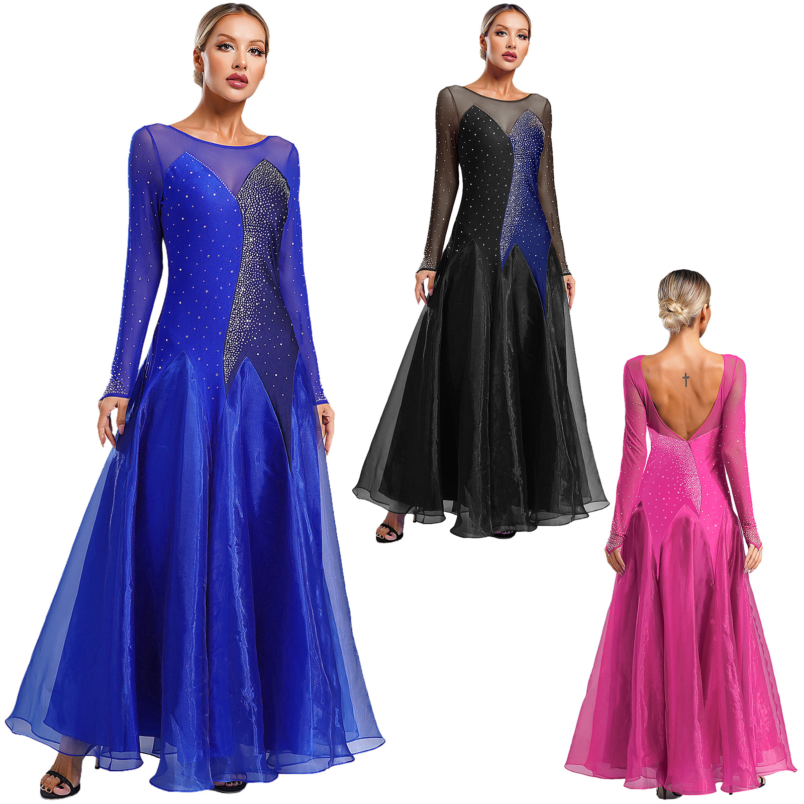 Robe de danse lyrique scintillante pour femmes, maille transparente, manches longues, biscuits scintillants, vêtements de danse modernes, valse, tango, performance, salle de Rh