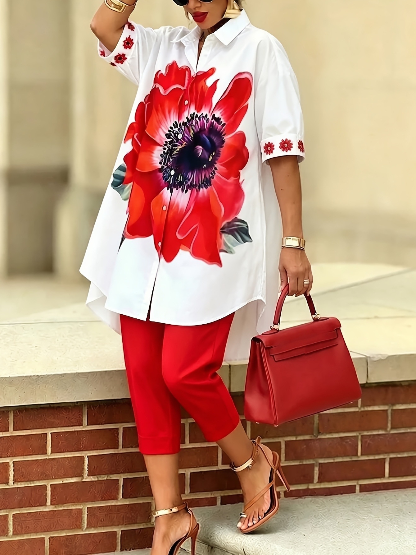 Ensemble 2 pièces vintage pour femme, imprimé floral, chemise à manches courtes et col rabattu à simple boutonnage, pantalon slim uni, tenue décontractée