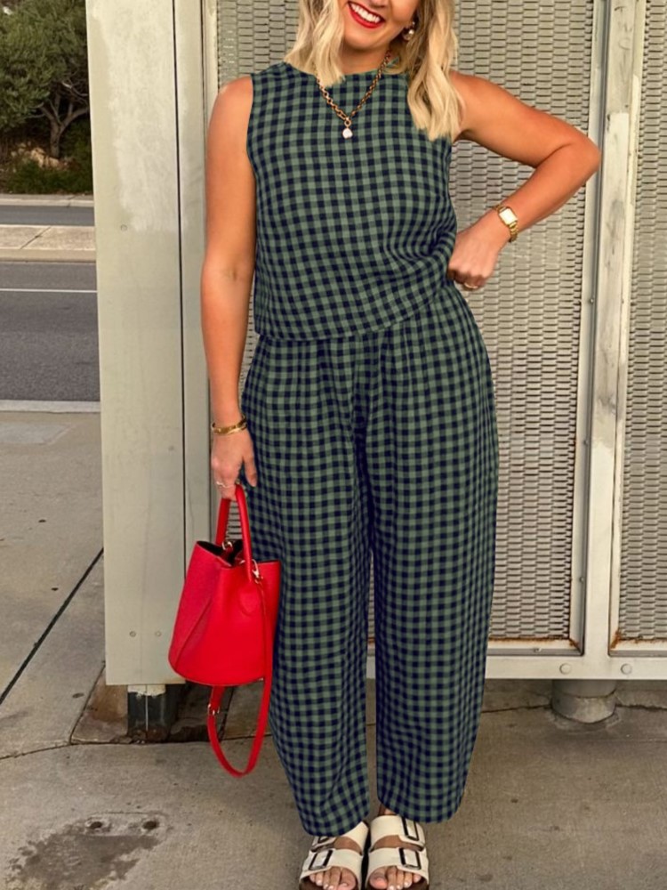 Mode femmes pantalons ensemble imprimé Plaid sans manches 2025 printemps été décontracté gilet neuf points pantalon vêtements de maison femme 2 pièces ensemble