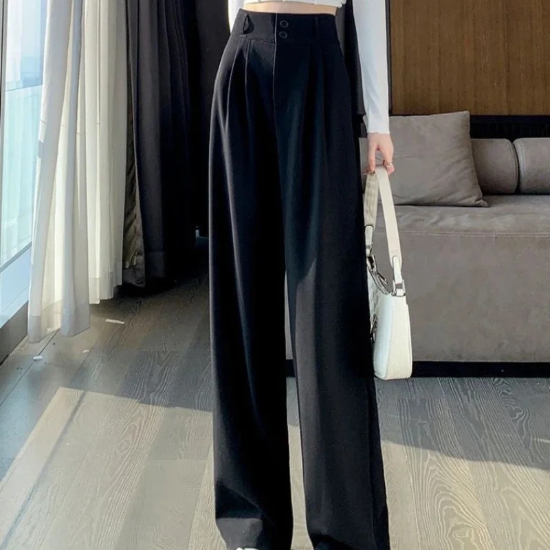 Pantalon à jambes larges pour femmes, élégant, Style coréen, taille haute, Baggy noir, bureau, mode dames, costume ample, Streetwear