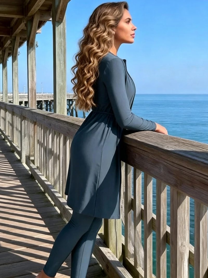 Nouveau maillot de bain musulman Burkini 3 pièces, ensemble de maillots de bain de couleur unie pour femmes musulmanes, combinaisons à manches longues, combinaison de plongée et vêtements de surf pour l'été