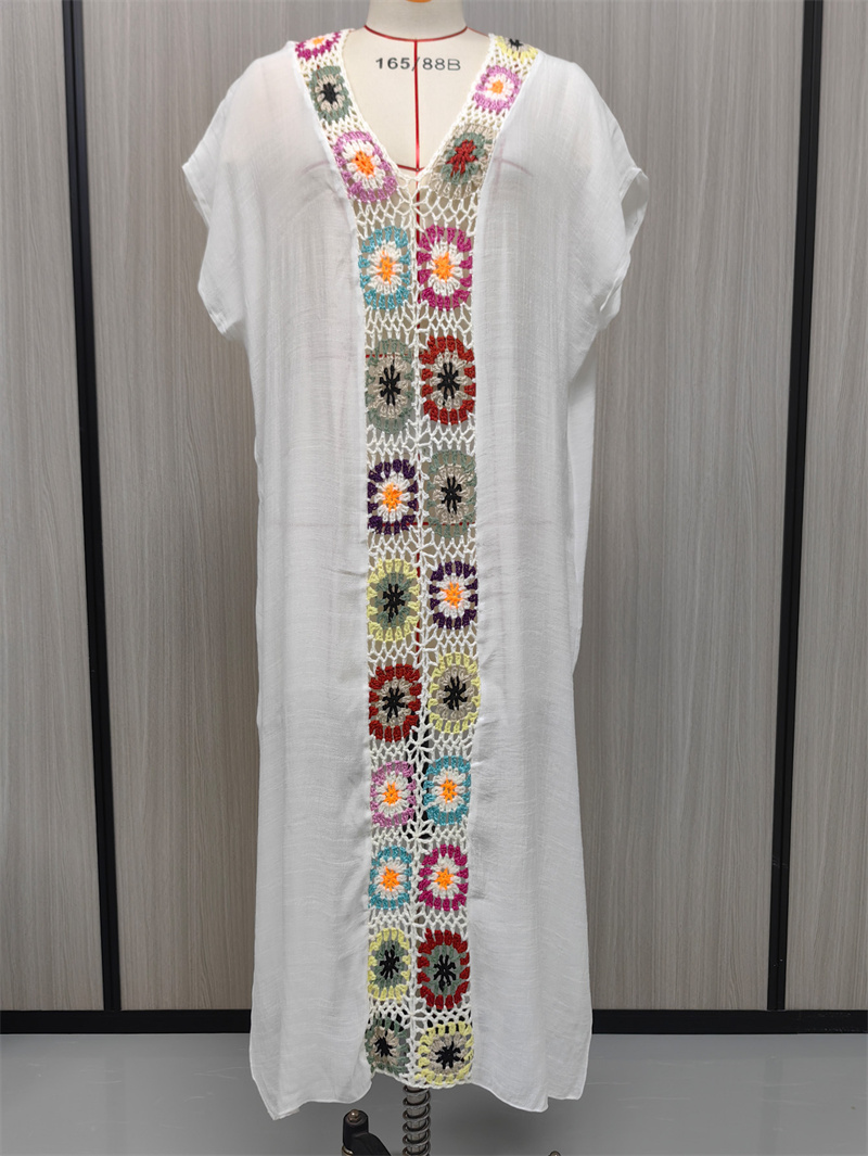 Robe de plage en crochet style bohème, kaftan long à fente, col en V, manches courtes, grande taille, pour vacances, plage, piscine, vente en gros