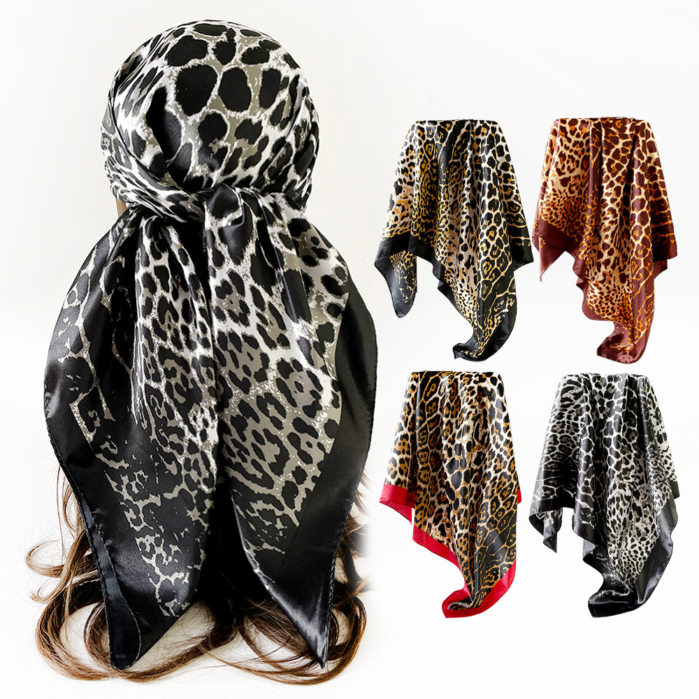 1 pièce – Foulard carré en soie imprimé léopard pour femme, 90*90cm, en tissu doux et lisse, idéal pour le quotidien, accessoire élégant de protection solaire