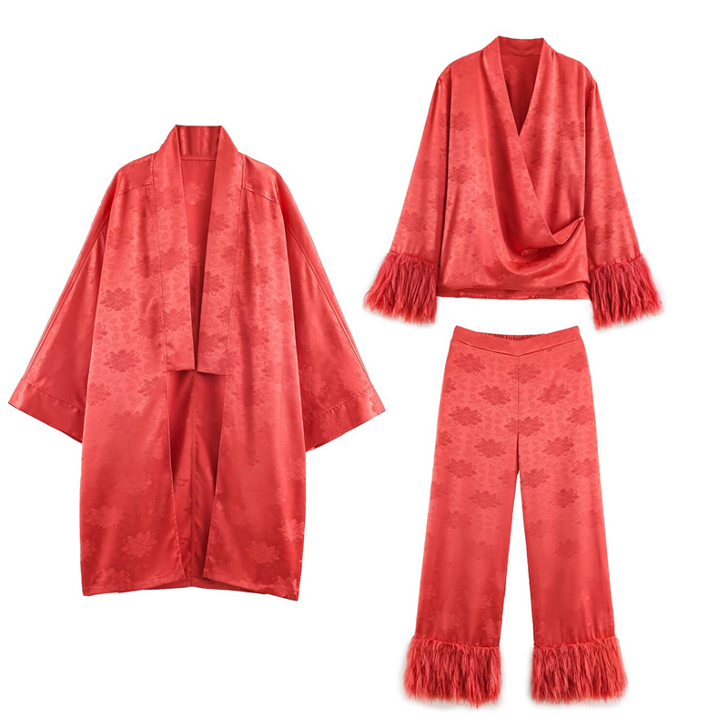 Kimono en satin jacquard floral rouge pour femme, collection Printemps 2026, manches trois-quarts, ouvert sur le devant, longue veste décontractée