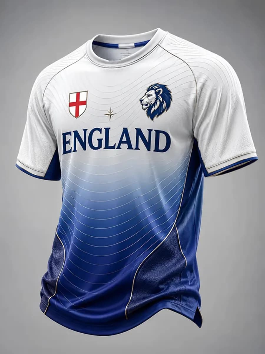 Nouveau Maillot de Foot Homme Angleterre 2026 Col Rond Manches Courtes Rayures Bleu Marine Col et Poignets Rayés T-shirt Sportif National pour Fans