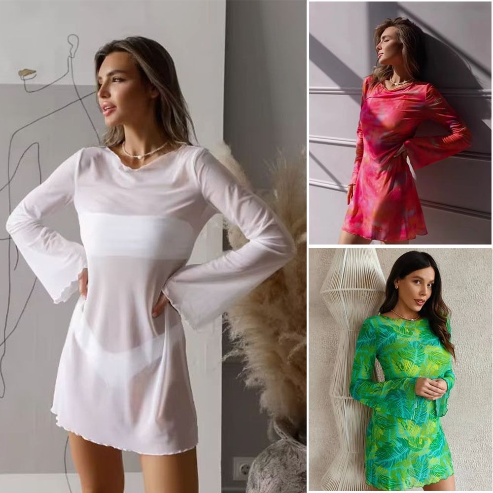 Robe de plage transparente en maille pour l'été, manches longues évasées, col rond, mini-robe moulante fine pour la plage