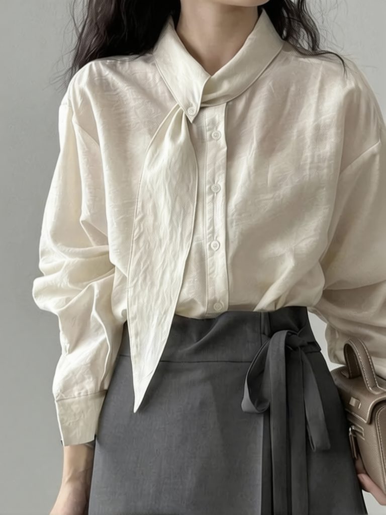 Chemise blanche élégante à col noué de style coréen pour femme, chemisier de travail de créateur à manches longues, chemisier décontracté basique à boutons, nouvelle collection printemps