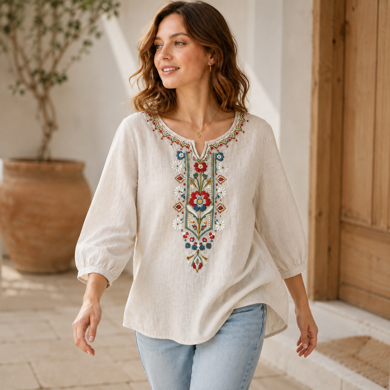 Chemisier Bohème Brodé pour Femme, Manches 3/4, Col en V Fendu, Tunique Florale Décontractée Ample, Chemise d'Été