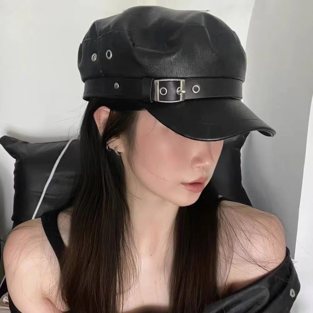 Béret classique à visière plate en cuir PU noir, style marin, chapeau de peintre punk, réglable