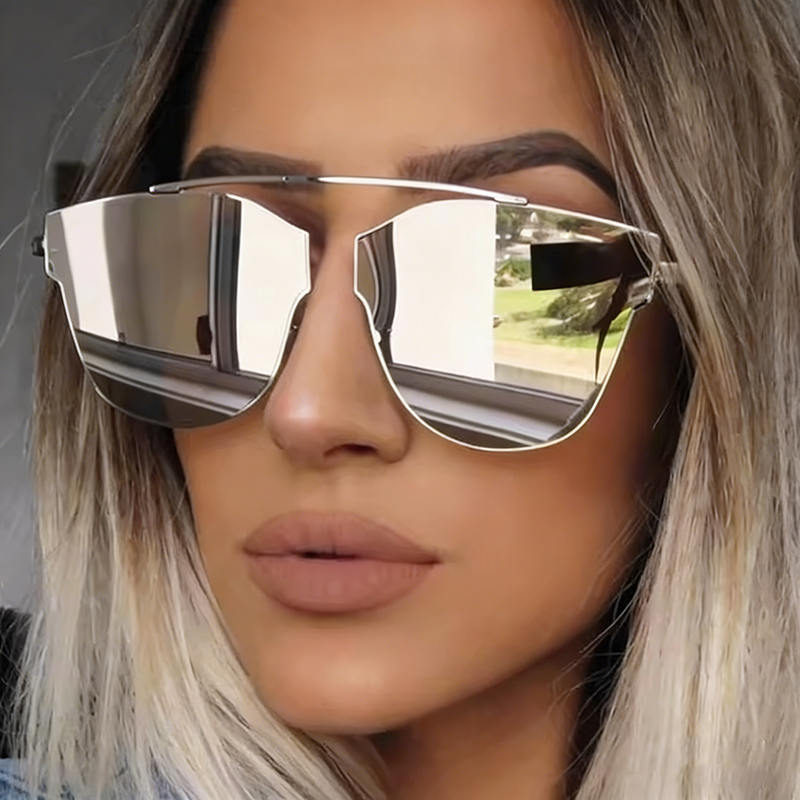 Nouvelles lunettes de soleil tendance pour femmes, style pilote, œil de chat, marque de luxe, designer, rose, violet, argent, film miroir, lunettes de soleil
