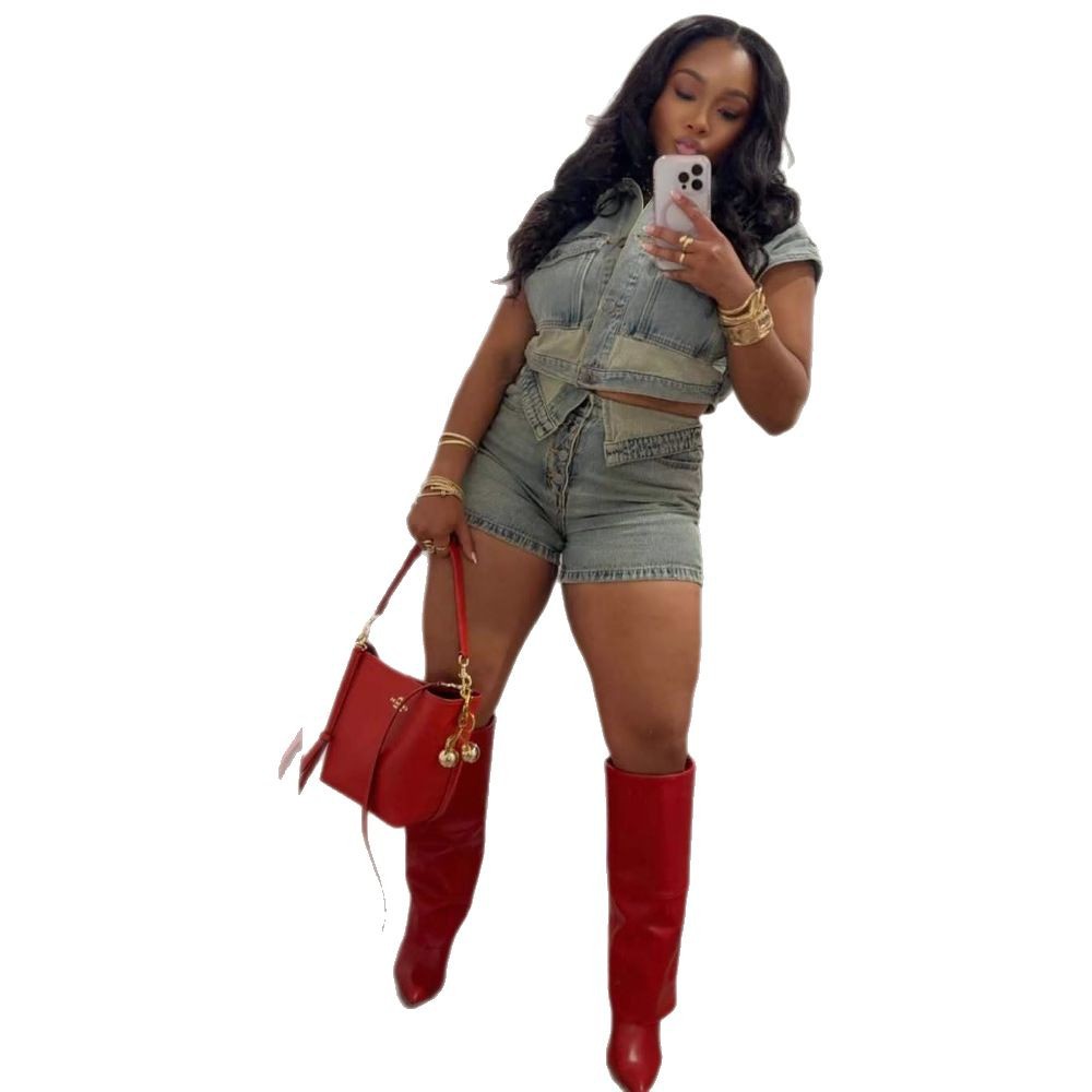 Ensembles Shorts femmes Denim 2 pièces costume haut jean Ensemble été 2025 simple boutonnage col rabattu pantalons courts tenues Vintage