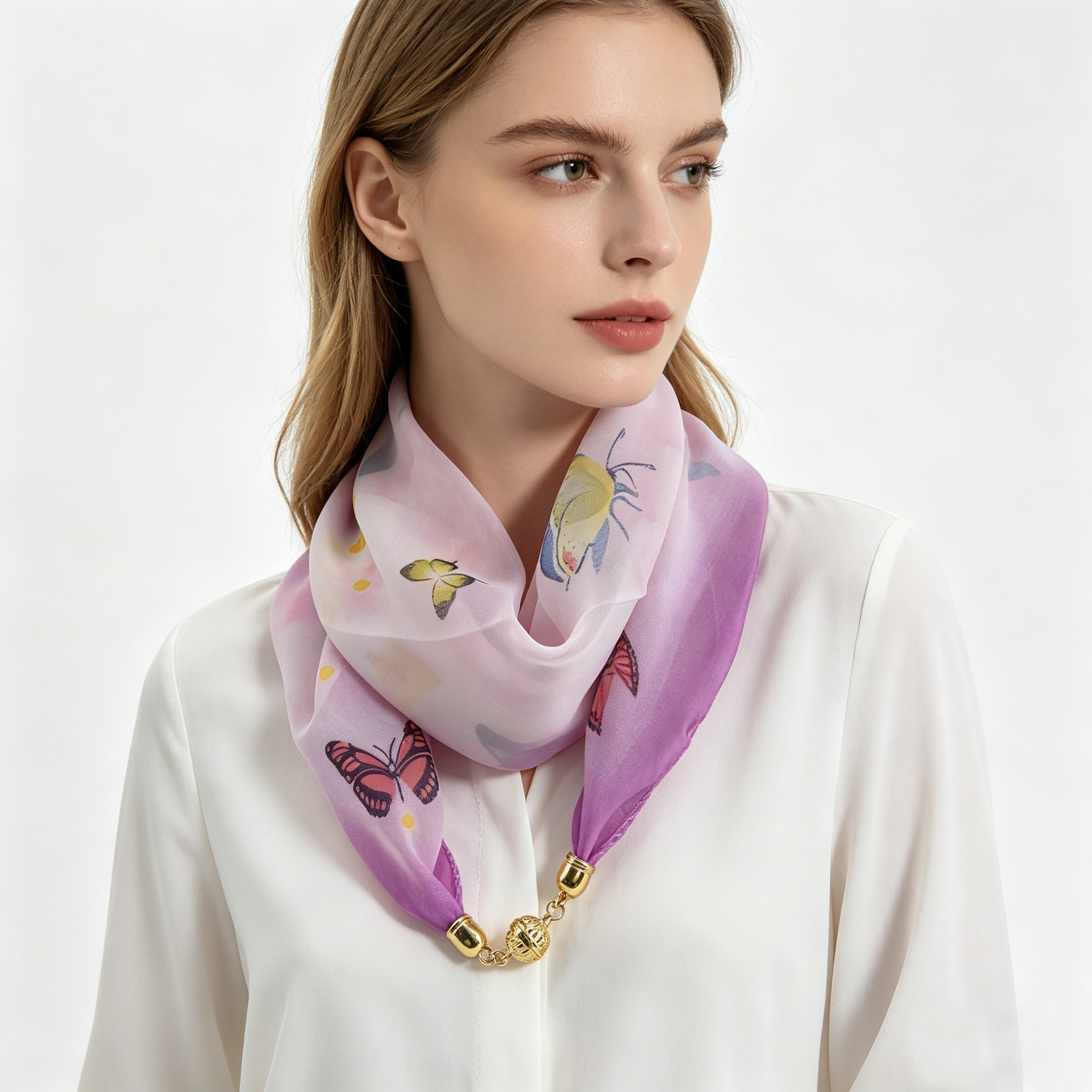 Écharpe à imprimé papillons avec boucle magnétique, foulard décoratif fin en mousseline, sans nœud complexe, facile à porter et à enlever