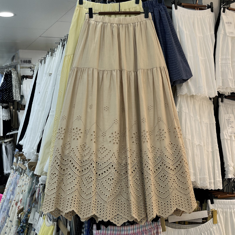 Matakawa dentelle jupes femmes a-ligne solide printemps été élégant évider jupe longue mode coréenne taille haute Faldas Mujer